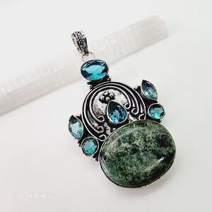 Ruby Zoisite Blue Topaz Ethnic Handmade Pendant Jewelry 2.8"